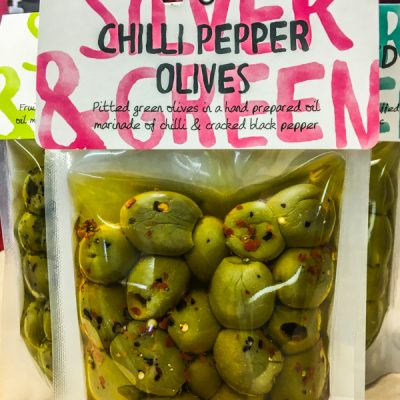 Silver and Green Chilli Pepper Olives
