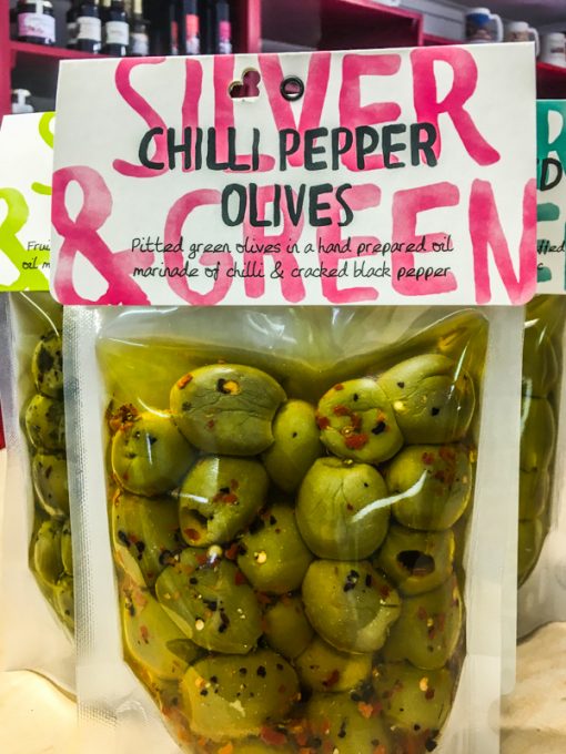 Silver and Green Chilli Pepper Olives